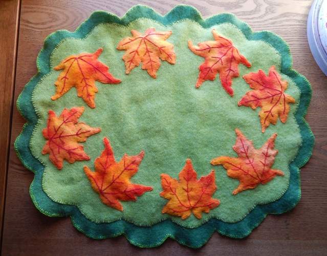 red maple leaf penny rug project upcycled sweater craft